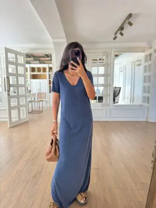 Dmax V Yaka İndigo Yıkamalı Modal Elbise
