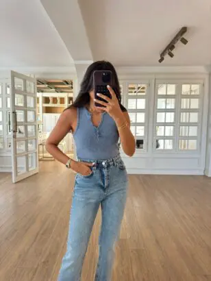 Dilvin İndigo Yıkama Efektli Düğmeli Body