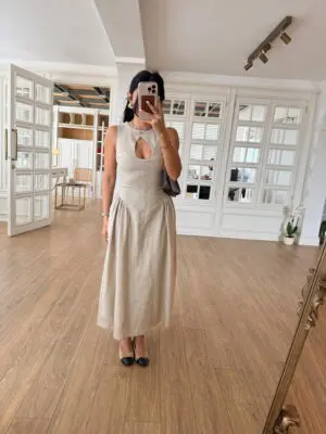 Desnex Taş Damla Dekolteli Sıfır Kol Midi Elbise