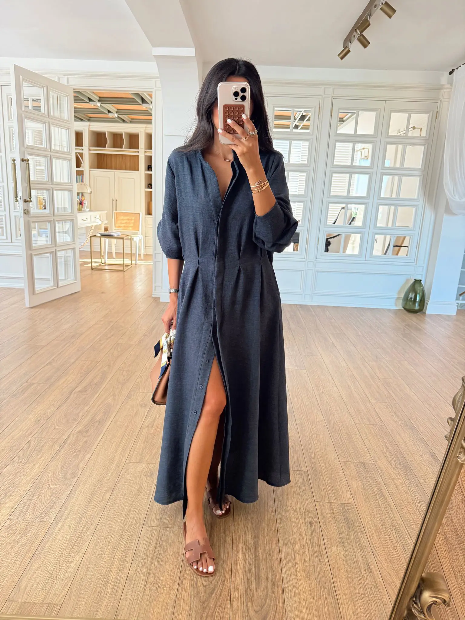 Pens Detaylı Gizli Düğmeli Maxi Boy Keten Elbise